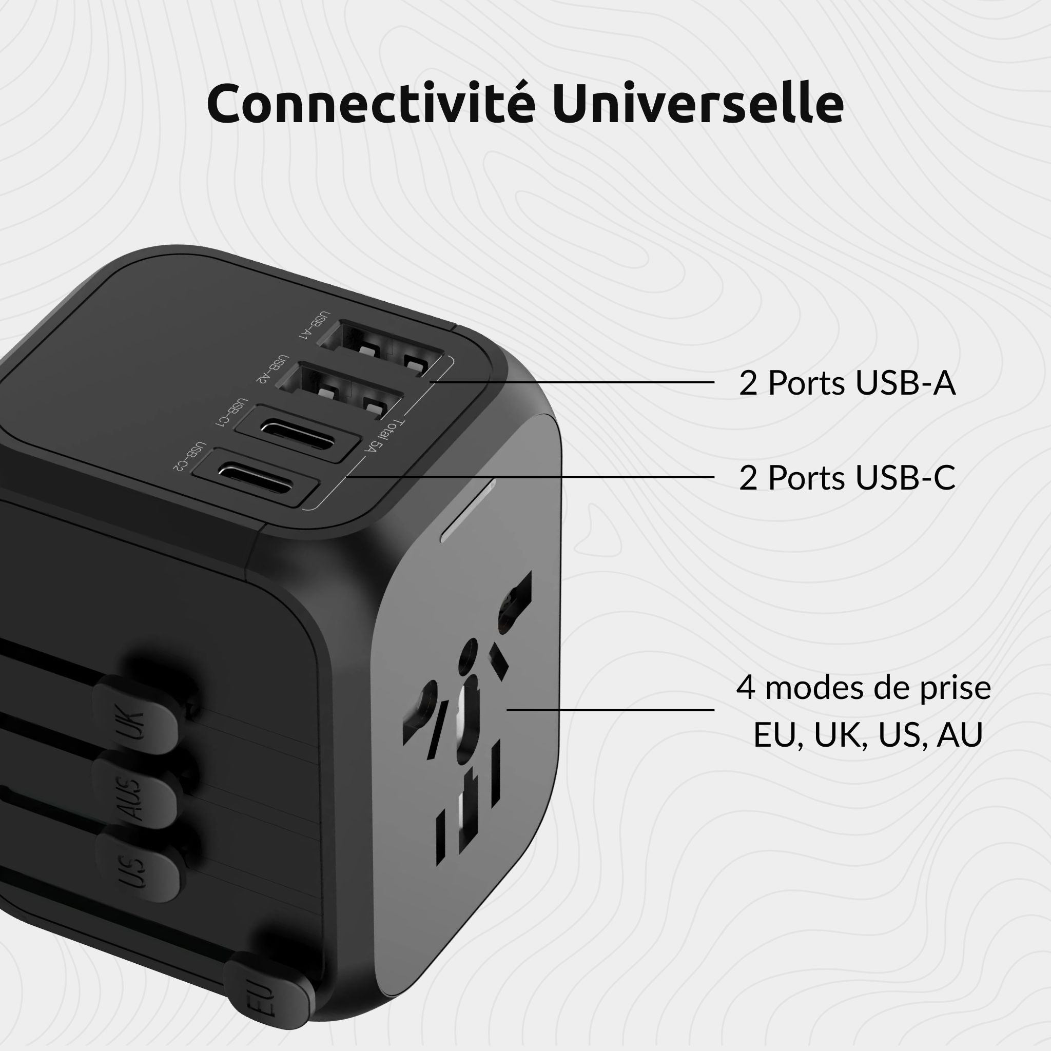 Phoneside Wordline – Chargeur de voyage universel avec 4 ports USB