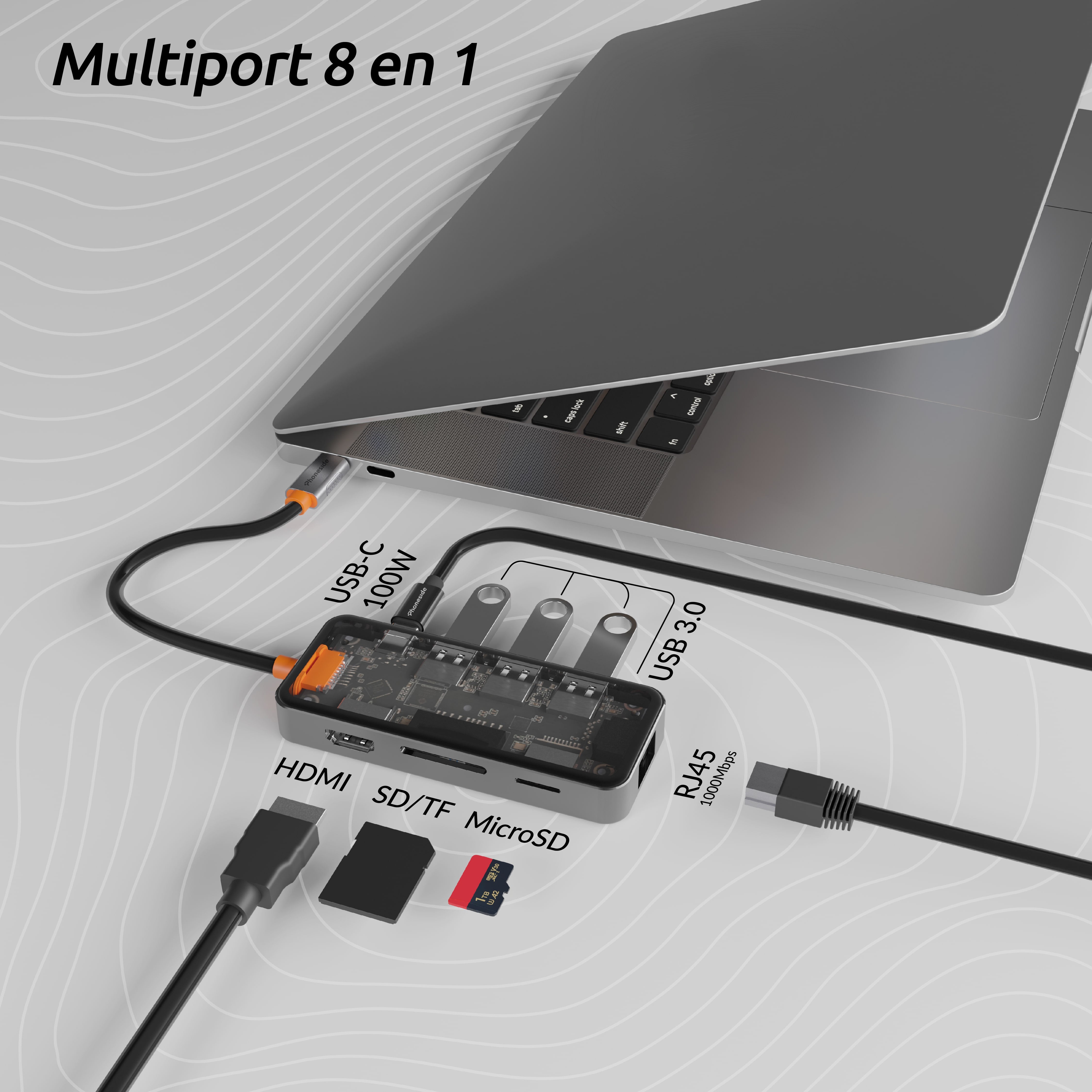 Phoneside Hubline - Adaptateur multiport USB-C - 8 en 1