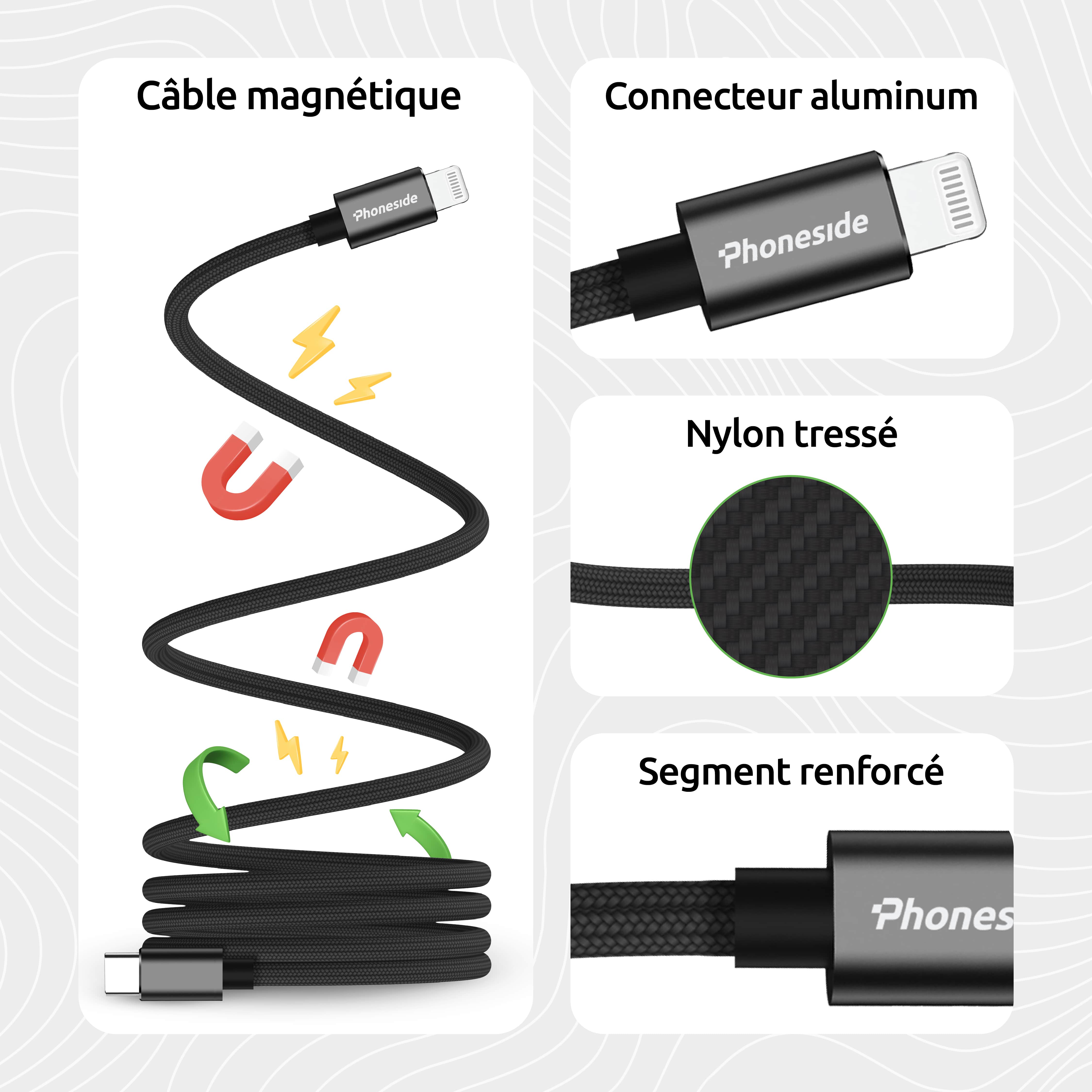 Phoneside Magline - Câble Magnétique USB-C vers Lightning (1m)